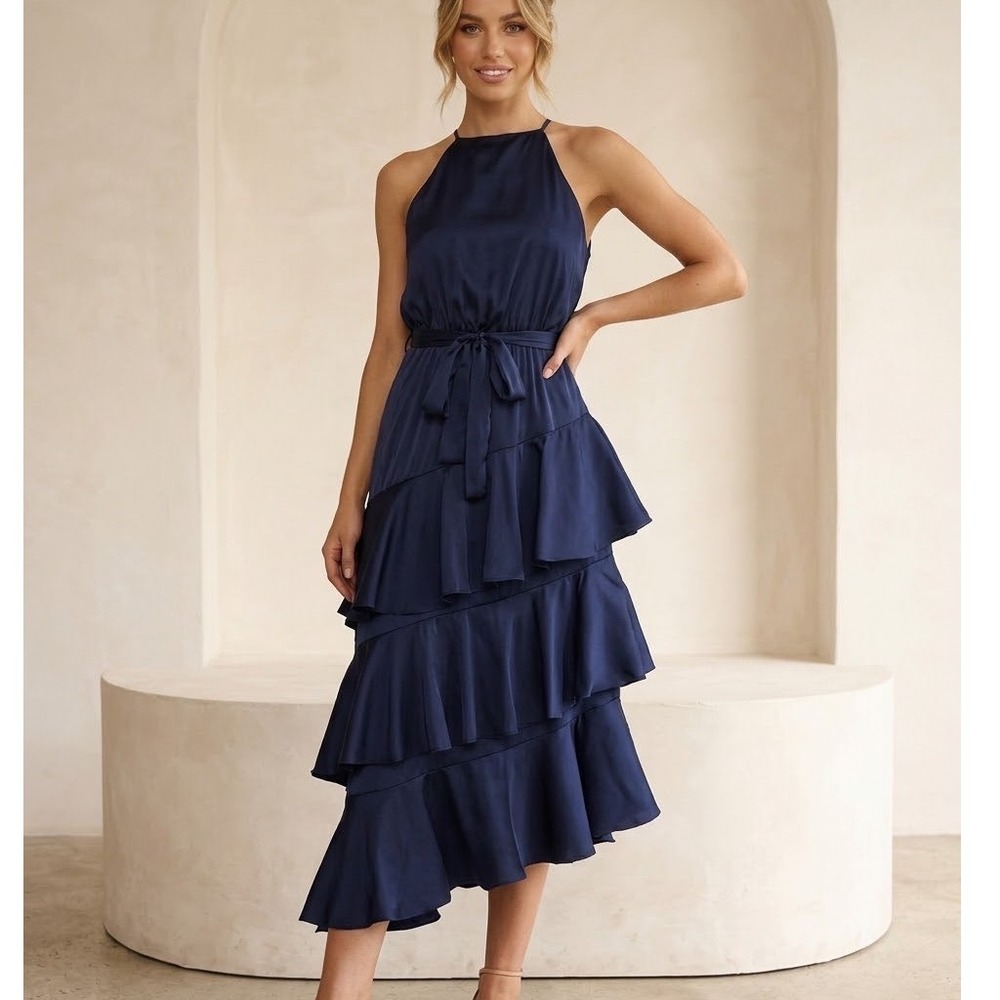 Petal & Pup Blue Satin Halter Tiered Ruffle Midi Dress Size US 4